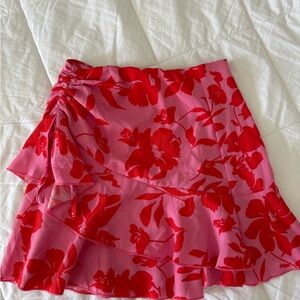SHEIN Red and Pink Floral Skater Skirt